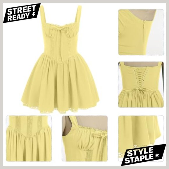 Spaghetti Strap Corset Dress Backless Mini Sundress Floral Lace Ruffle - Picture 6 of 7